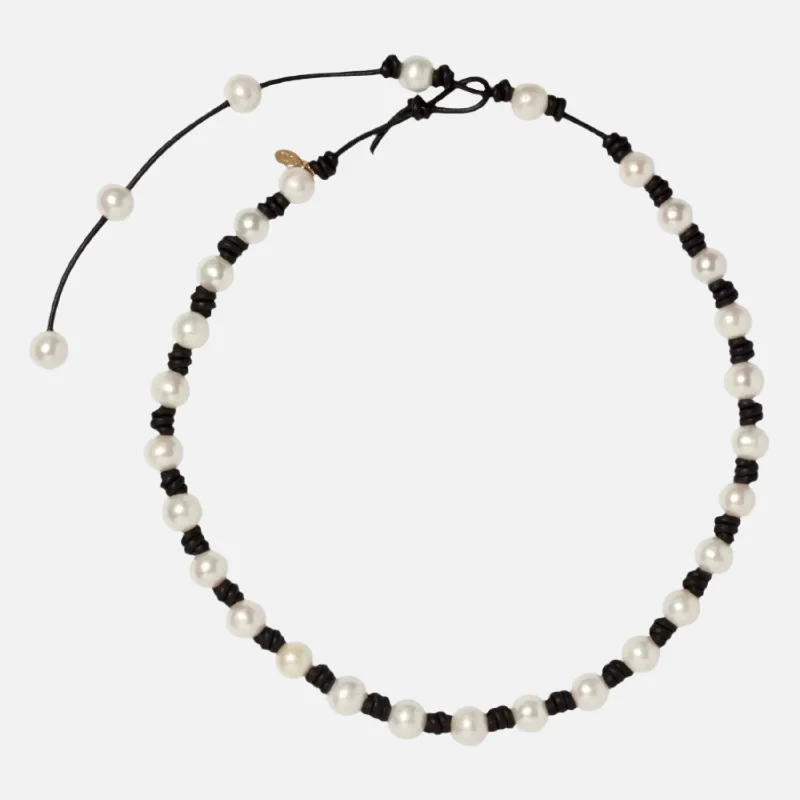 Women’s pendant chain necklaces-The Classic Knotted Pearl and Leather Necklace with Tail