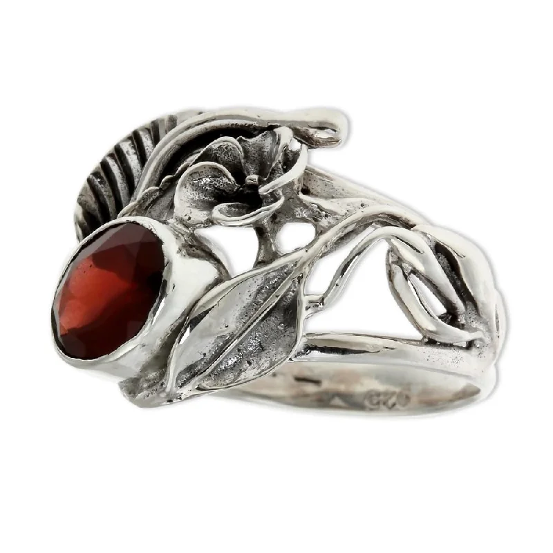 Women’s minimalist rings-Handmade Sterling Silver 'Frangipani Bouquet' Garnet Ring (Indonesia)