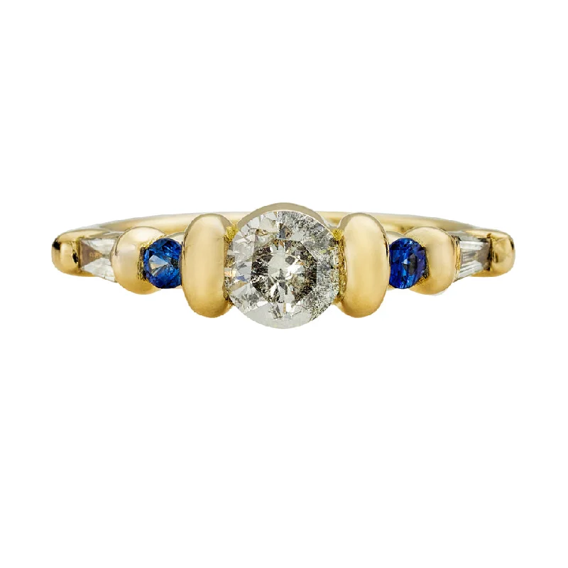 Women’s diamond solitaire rings-Salt and Pepper Diamond Ring with Blue Sapphires