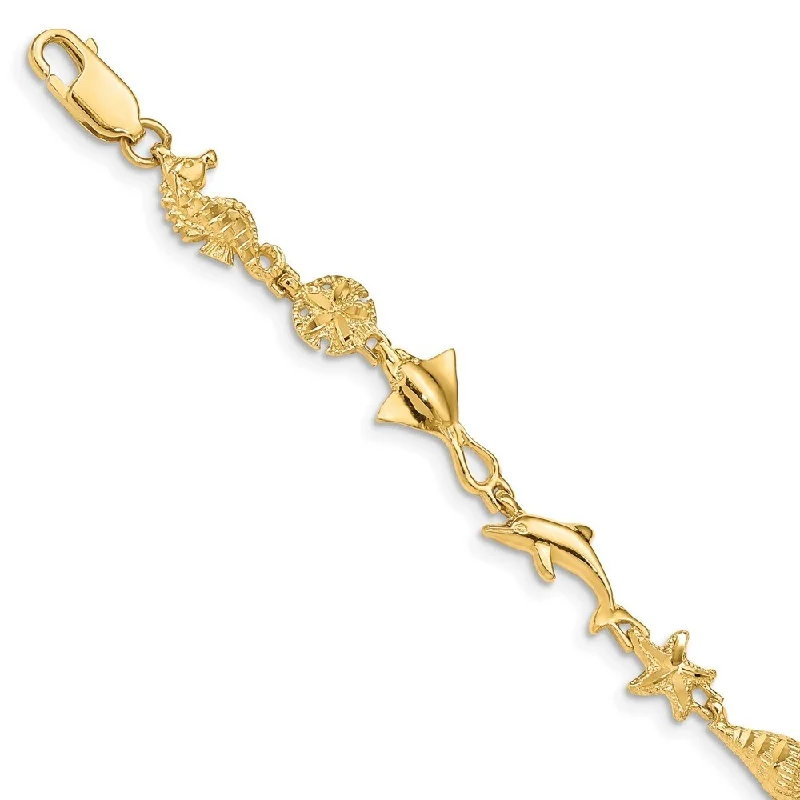 Women’s heart-shaped bracelets-14k Yellow Gold 8.5mm Polished and Textured Ocean Motif Bracelet, 7"