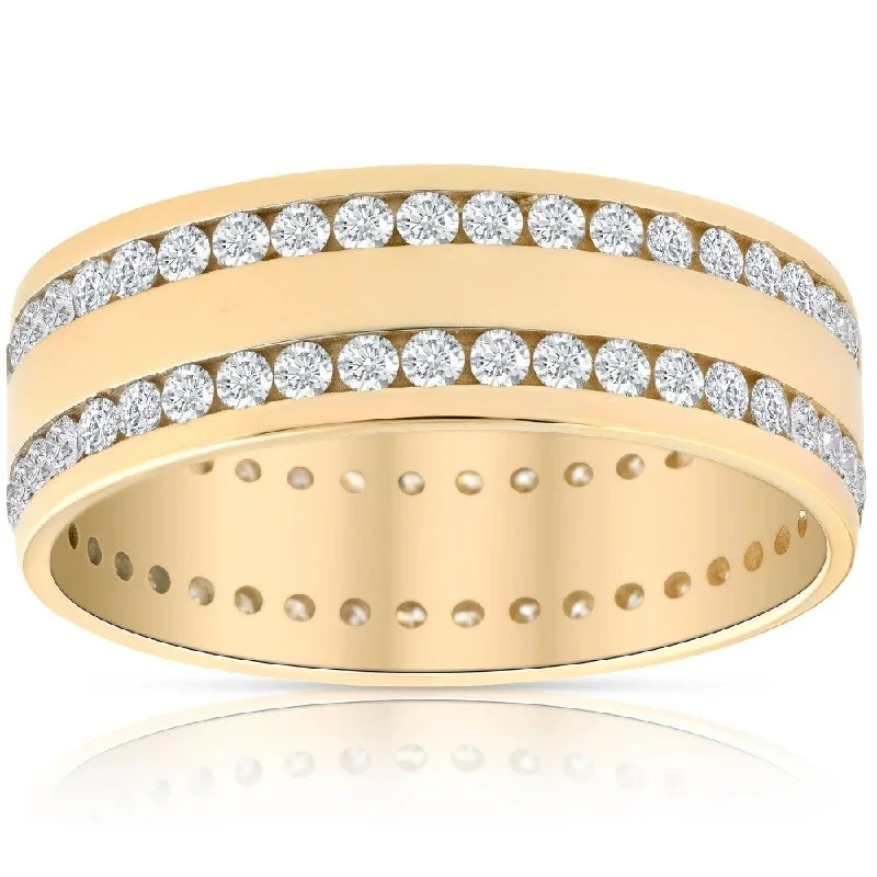 Women’s fashion gold rings-Mens 1 3/8Ct Diamond Eternity Ring Yellow Gold Double Row High Polished