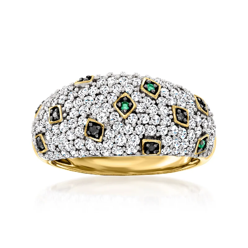 Women’s cathedral engagement rings-Ross-Simons White and Black Diamond Ring With Emerald Accents in 18kt Gold Over Sterling