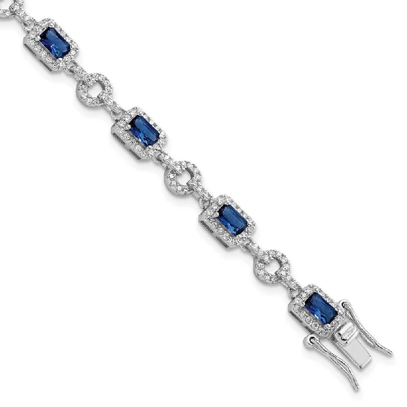 Women’s adjustable bracelets-Sterling Silver Rhodium-plated CZ and Blue Glass Stone Bracelet-WBC-QG5929-7.75