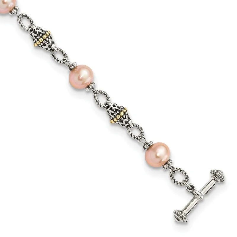 Women’s infinity bracelets-Sterling Silver w/14k 9-10mm FW Cultured Pink Pearl 7.5in Bracelet-WBC-QTC166