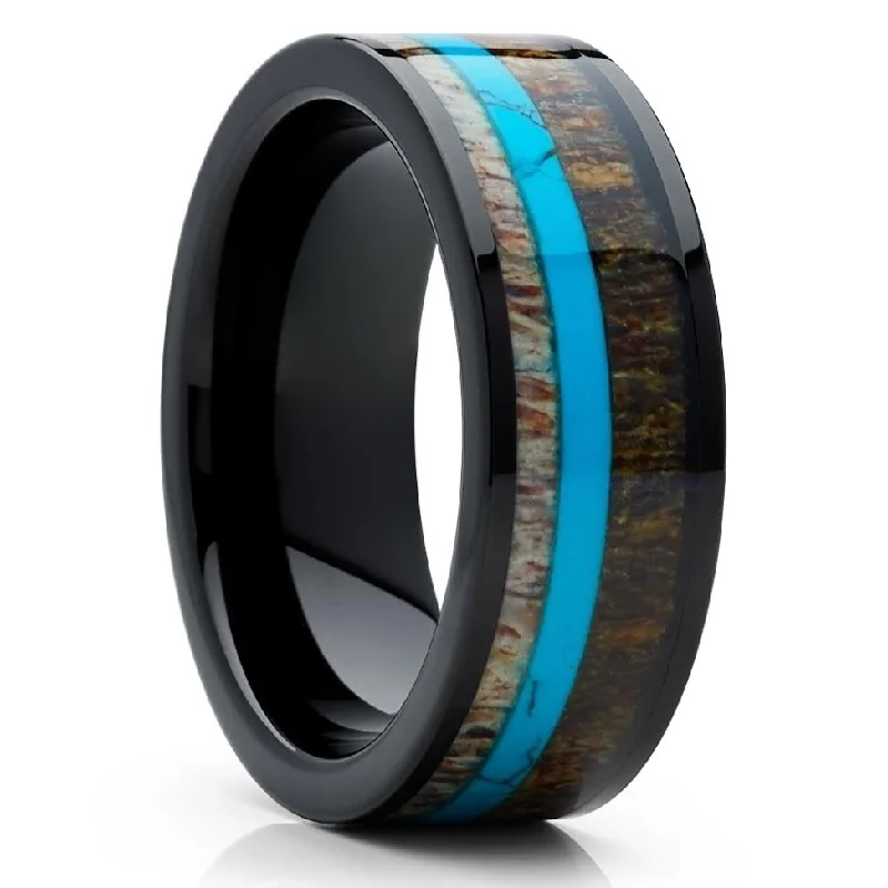 Women’s classic rings-Deer Antler Black Tungsten Ring 8Mm Turquoise Inlay Comfort Fit Cobalt Free