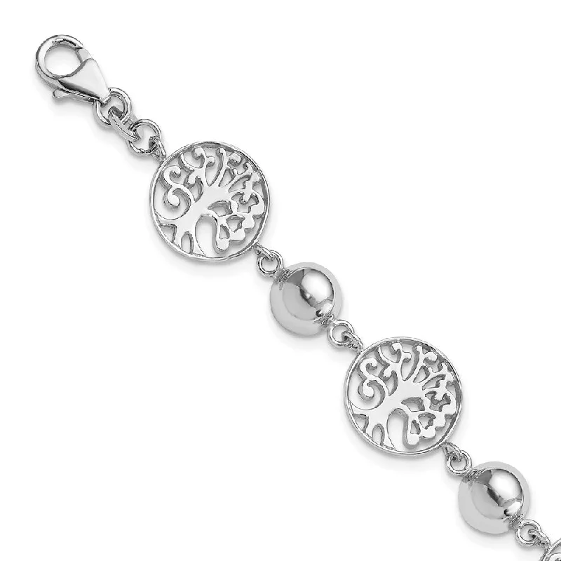 Women’s trendy bracelets-Sterling Silver Rhod-plated Round Tree and Circle w/1in ext. Bracelet-WBC-QG4236-7