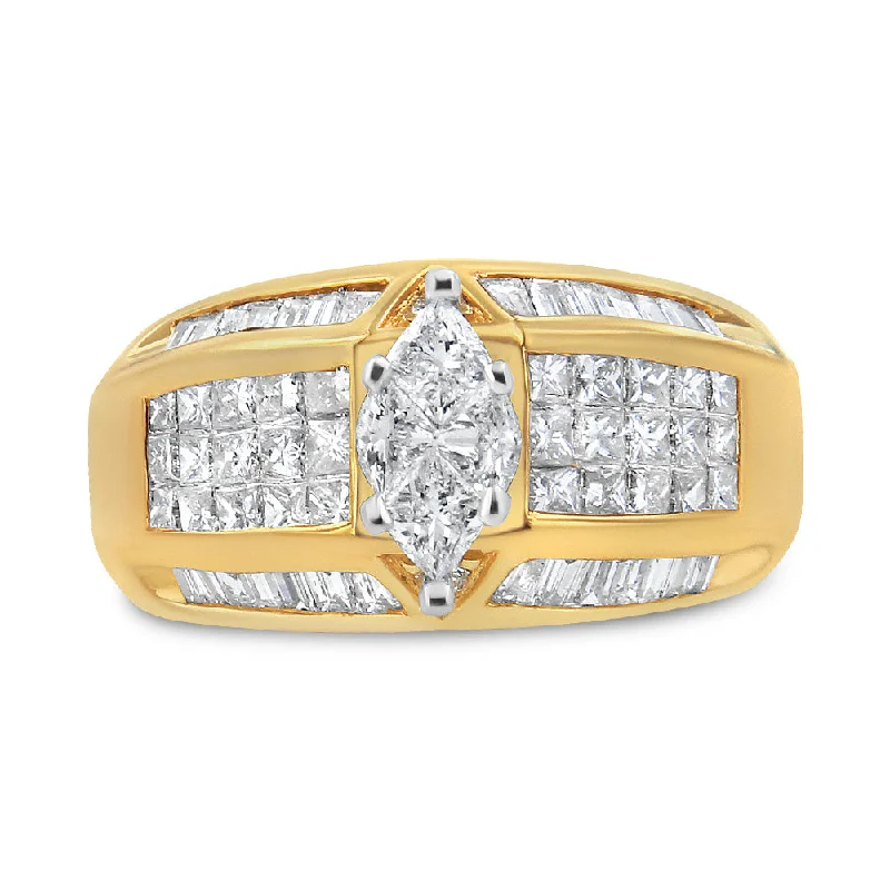 Women’s luxury engagement rings-14K Yellow and White Gold 1 3/4 Cttw Round, Baguette, Princess and Pie-Cut Diamond Ring