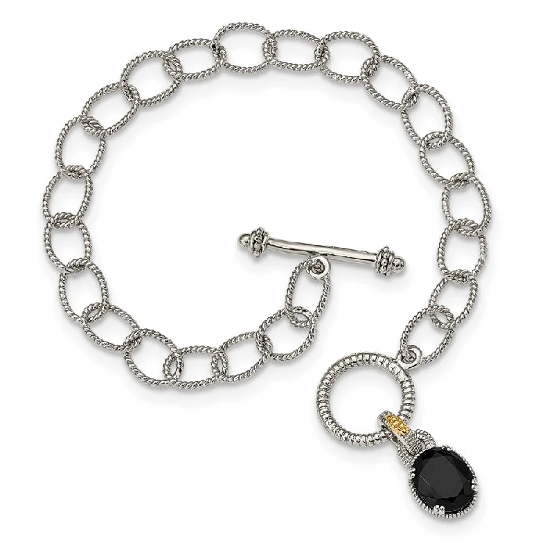 Women’s gold and diamond bracelets-Sterling Silver w/ 14K Accent Onyx 7.5in Toggle Bracelet-WBC-QTC1538