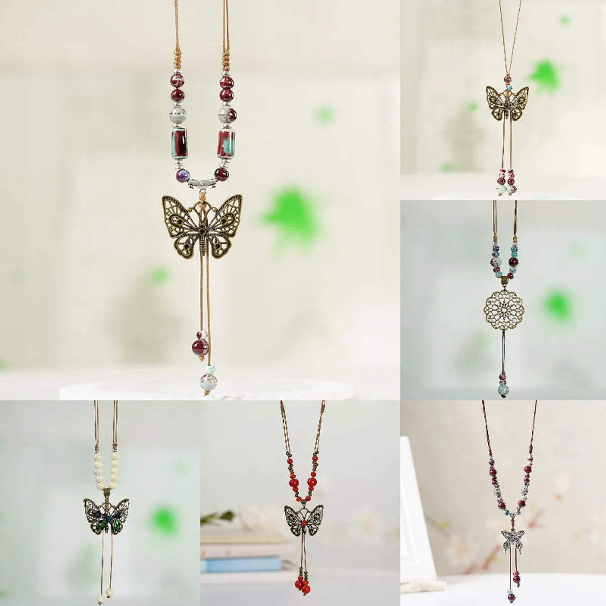 Women’s angel wing necklaces-1 Piece Ethnic Style Tassel Butterfly Alloy Mixed Materials Knitting Women's Necklace