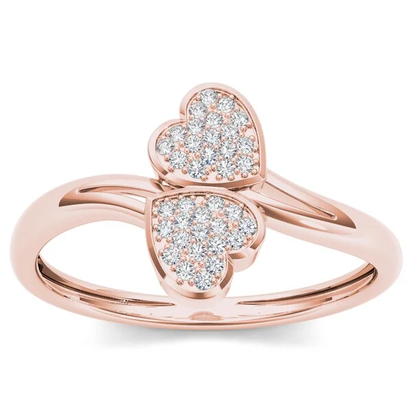 Women’s custom ring designs-De Couer 10k Rose Gold 1/20ct TDW Diamond Two Heart Wrap Ring - Pink