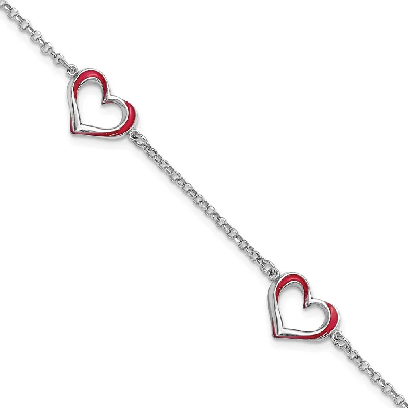 Women’s luxurious gold bracelets-Sterling Silver Rhodium-plated Red Enamel 3-Heart w/.5 in Ext Bracelet-WBC-QG6213-6.5