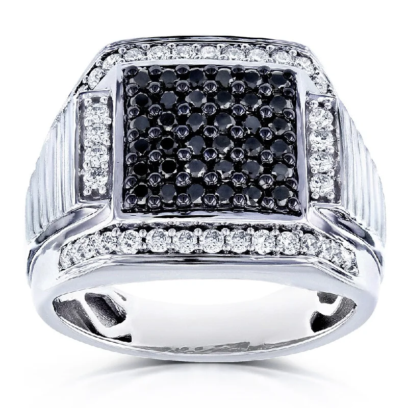 Women’s round cut diamond rings-Annello by Kobelli 10k White Gold 1ct TDW Men's Diamond Ring - Black