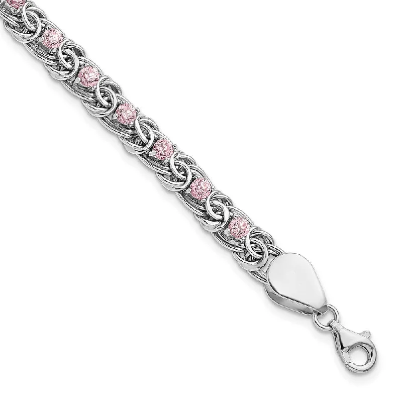 Women’s heart-shaped bracelets-Sterling Silver Rhodium-plated Polished Pink CZ Flat Link 7.5in Bracelet-WBC-QG5935-7.5