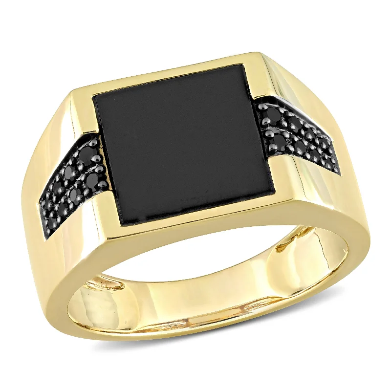 Women’s geometric rings-Miadora 8 CT TGW Black Onyx and 1/6 Ct TW Black Diamond Mens Ring in 10k Yellow Gold