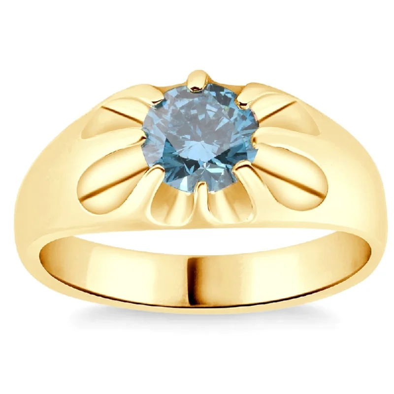 Women’s luxury diamond rings-2Ct Blue Diamond Men's Belcher Solitaire Ring Gold High Polished Lab Grown