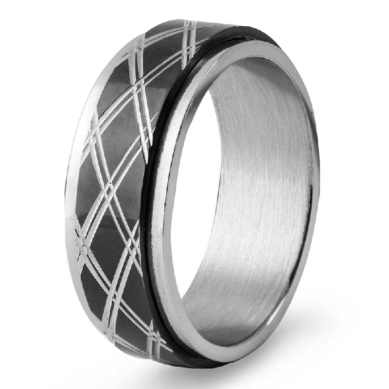 Women’s handmade rings-Men's Black Plated Stainless Steel Diamond Pattern Spinner Ring