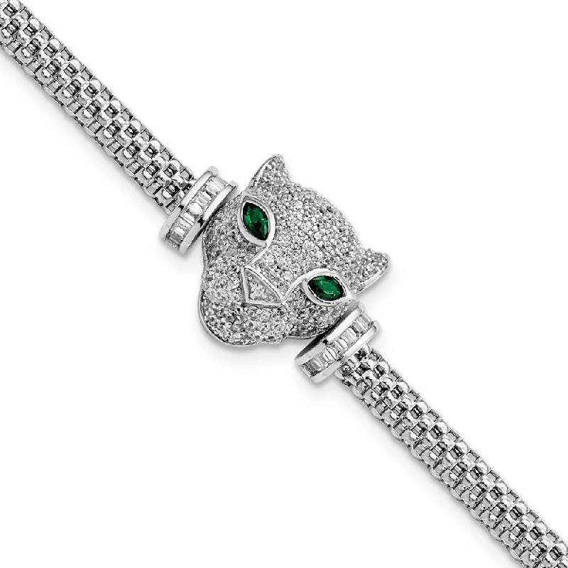 Women’s silver charm bracelets-Sterling Silver Rhodium-plated Polished CZ Lioness Head Bracelet-WBC-QG5907-7