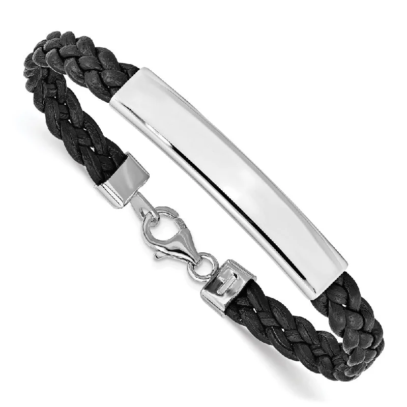 Women’s wide cuff bracelets-Sterling Silver Rhodium-plated Black Braided Leather Bracelet-WBC-QG1086-7