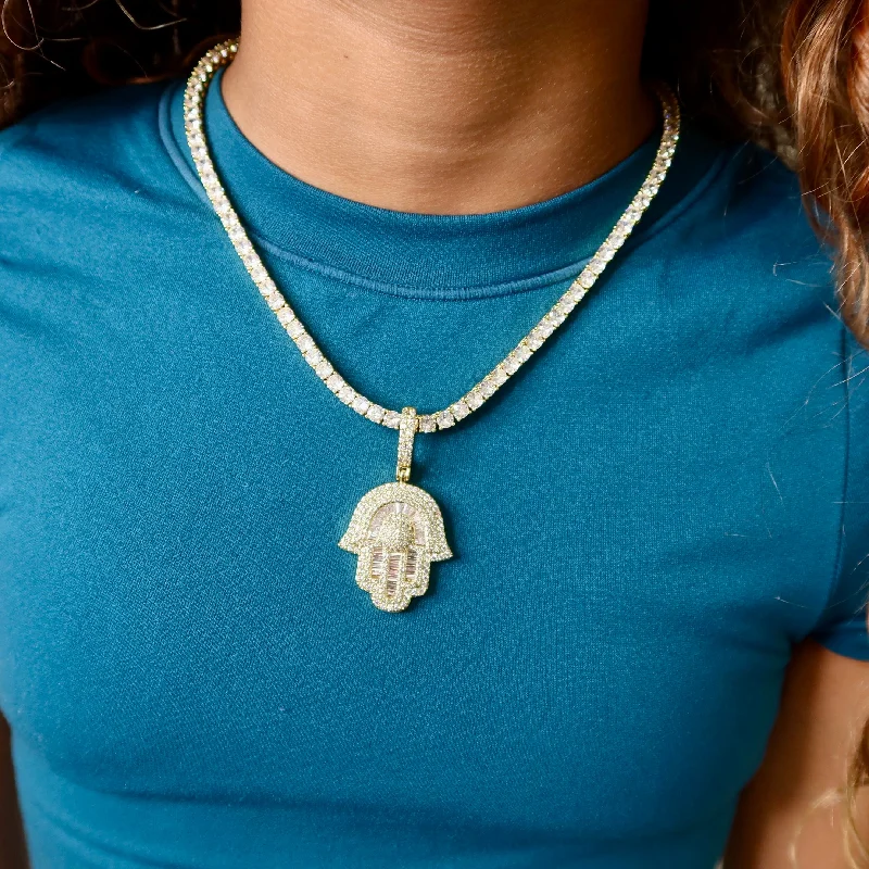 Women’s layered gold necklaces-Gold Hamsa Tennis Necklace