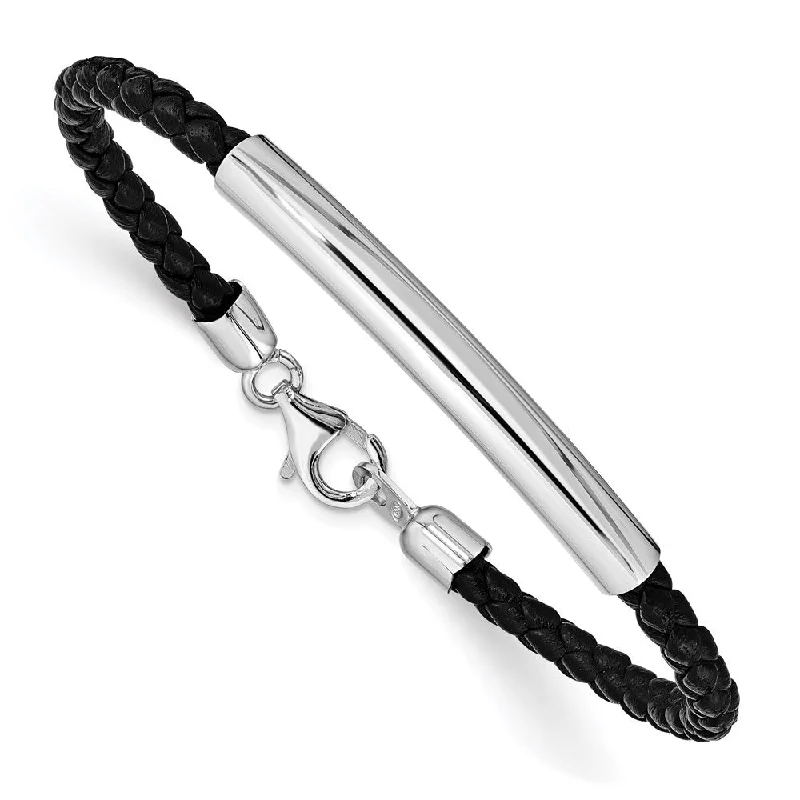 Women’s stackable bangles-Sterling Silver Rhodium-plated Braided Black Leather Bracelet-WBC-QG1083-7