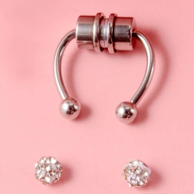 Magnet Nose Ring Steel Color-White Rhinestone Ball