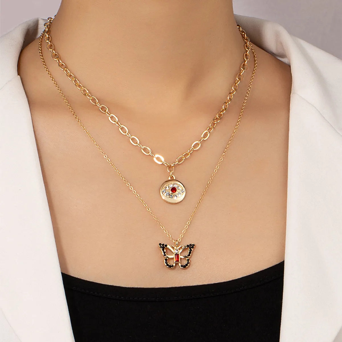 Women’s art deco necklaces-Elegant Devil's Eye Butterfly Alloy Plating Inlay Zircon Women's Layered Necklaces