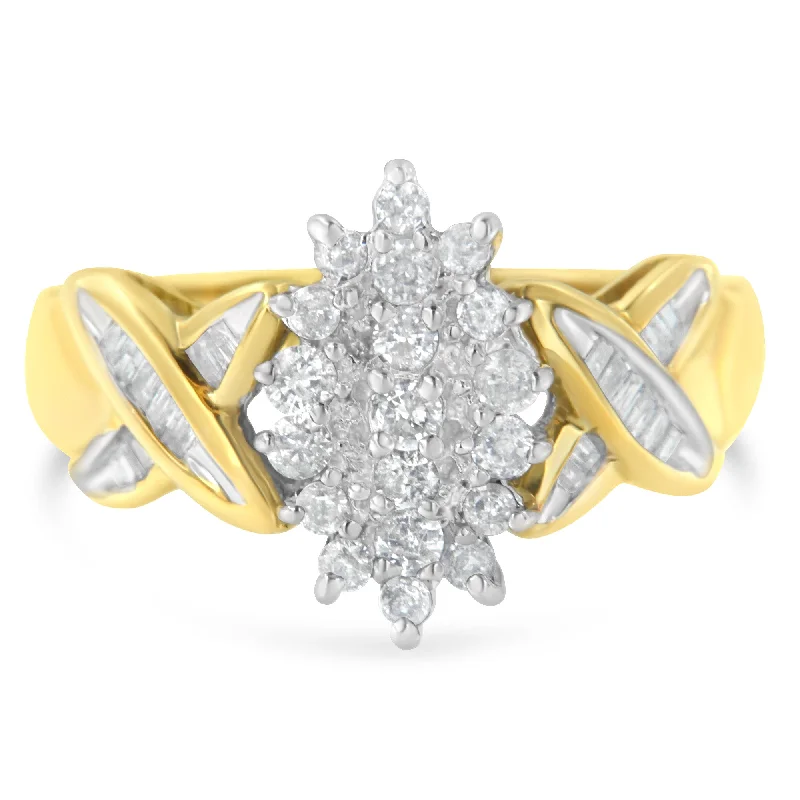 Women’s elegant engagement rings-10K Yellow Gold Round And Baguette-Cut Diamond Ring