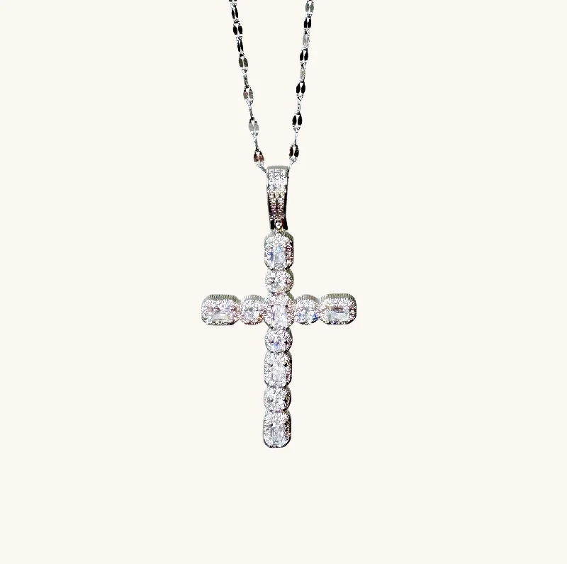 Women’s men’s chain necklaces-Vintage Silver Crystal Cross Necklace